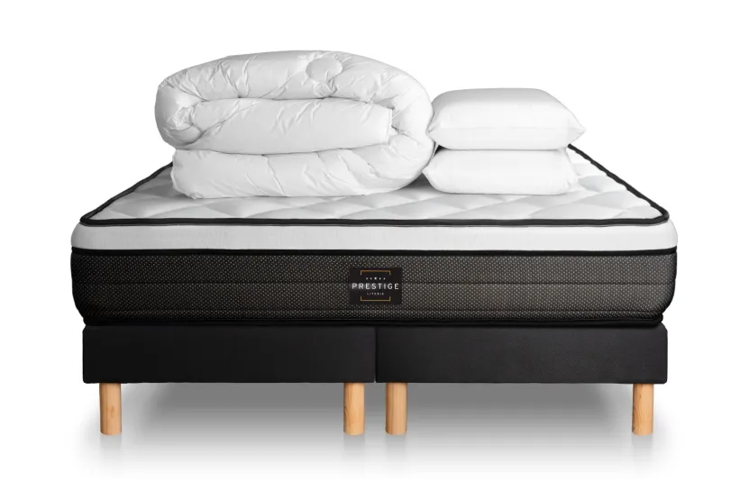 Pack lit complet 160x200 cm - Matelas + 2 Sommiers noirs + 2 oreillers + Couette - Suite