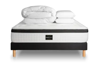 Pack lit complet 140x200 cm - Matelas + Sommier Noir (en kit) + 2 oreillers + Couette - Privilège
