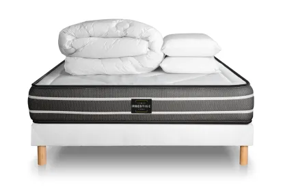Pack lit complet 140x200 cm - Matelas + Sommier Blanc (en kit) + 2 oreillers + Couette - Exclusive