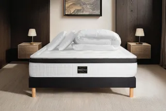 Pack lit complet 140x190 cm - Matelas + Sommier Noir + 2 oreillers + Couette - Privilège