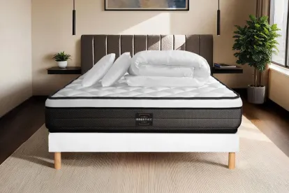 Pack lit complet 140x200 cm - Matelas + Sommier Blanc + 2 oreillers + Couette - Suite