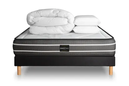 Pack lit complet 160x200 cm - Matelas + Sommier Noir (en kit) + 2 oreillers + Couette - Exclusive