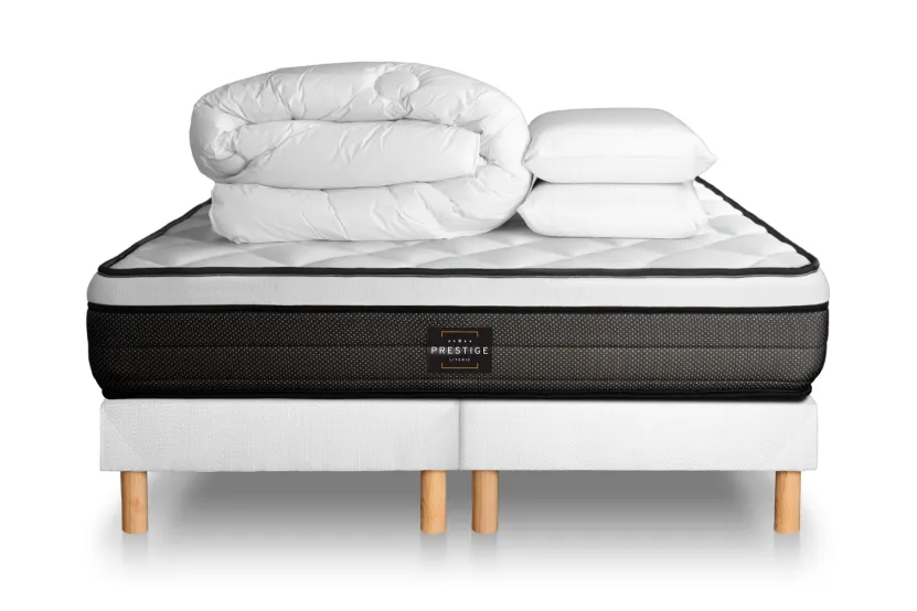 Pack lit complet 160x200 cm - Matelas + 2 Sommiers Blancs + 2 oreillers + Couette - Suite