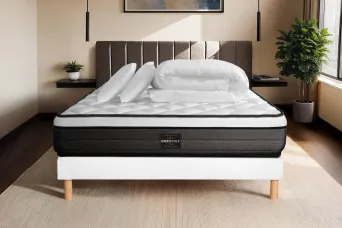 Pack lit complet 200x200 cm - Matelas + Sommier Blanc (en kit) + 2 oreillers + Couette - Suite