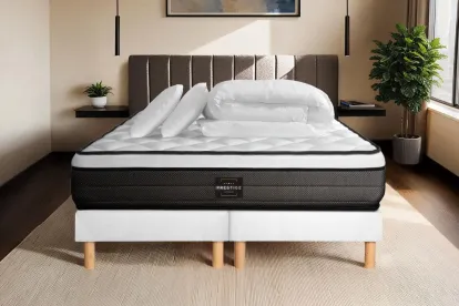 Pack lit complet 160x200 cm - Matelas + 2 Sommiers Blancs + 2 oreillers + Couette - Suite