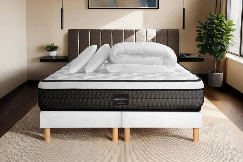 Pack lit complet 160x200 cm - Matelas + 2 Sommiers Blancs + 2 oreillers + Couette - Suite