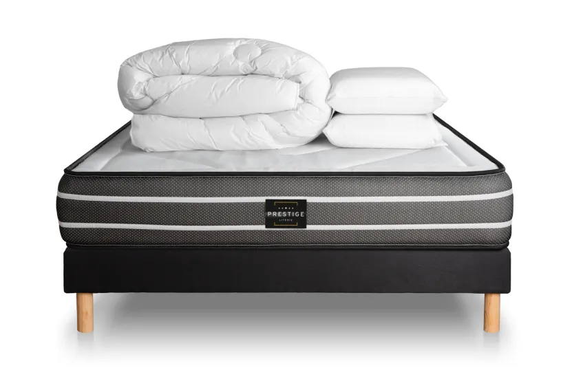 Pack lit complet 180x200 cm - Matelas + Sommier Noir (en kit) + 2 oreillers + Couette - Exclusive