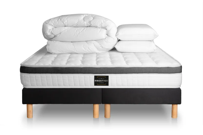 Pack lit complet 180x200 cm - Matelas + Sommier Noir + 2 oreillers + Couette - Supérieur
