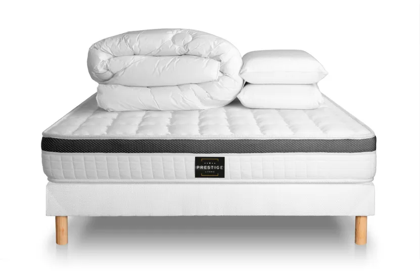 Pack lit complet 140x200 cm - Matelas + Sommier Blanc + 2 oreillers + Couette - Supérieur