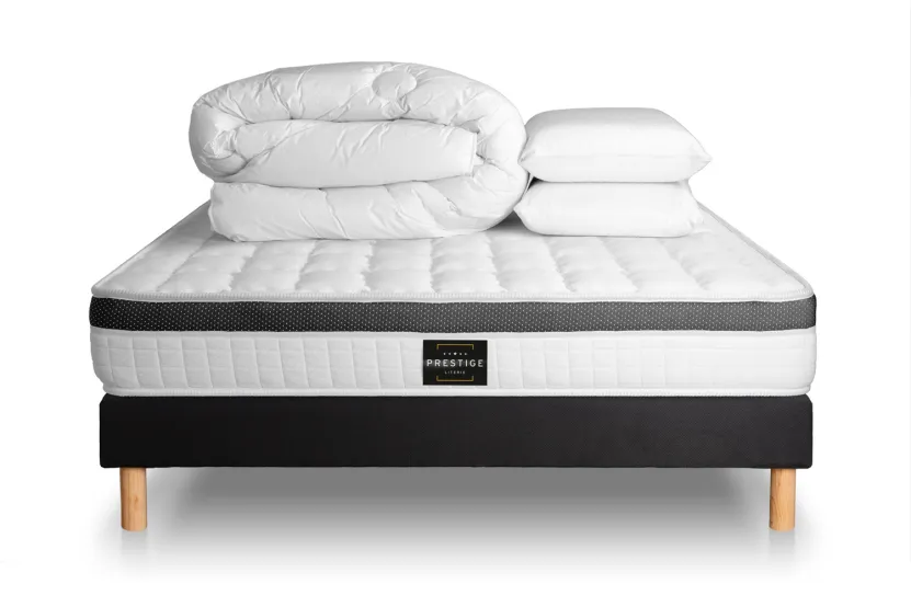 Pack lit complet 140x190 cm - Matelas + Sommier Noir (en kit) + 2 oreillers + Couette - Supérieur