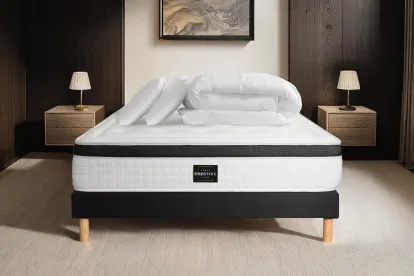 Pack lit complet 140x200 cm - Matelas + Sommier Noir + 2 oreillers + Couette - Privilège