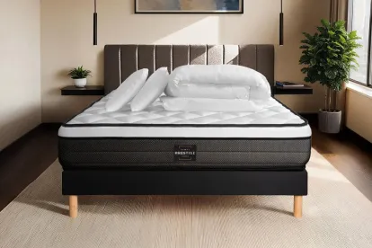 Pack lit complet 140x190 cm - Matelas + Sommier Noir + 2 oreillers + Couette - Suite