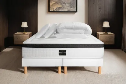 Pack lit complet 180x200 cm - Matelas + 2 Sommiers Blancs + 2 oreillers + Couette - Privilège