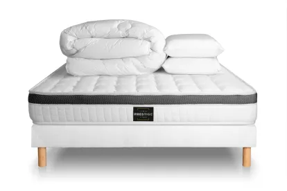 Pack lit complet 140x200 cm - Matelas + Sommier Blanc (en kit) + 2 oreillers + Couette - Supérieur