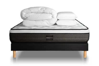 Pack lit complet 140x200 cm - Matelas + Sommier Noir (en kit) + 2 oreillers + Couette - Suite