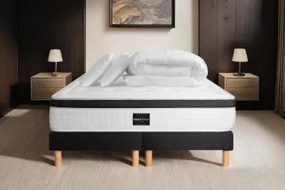 Pack lit complet 200x200 cm - Matelas + 2 Sommiers Noirs + 2 oreillers + Couette - Privilège