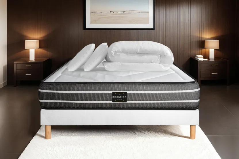 Pack lit complet 180x200 cm - Matelas + Sommier Blanc (en kit) + 2 oreillers + Couette - Exclusive