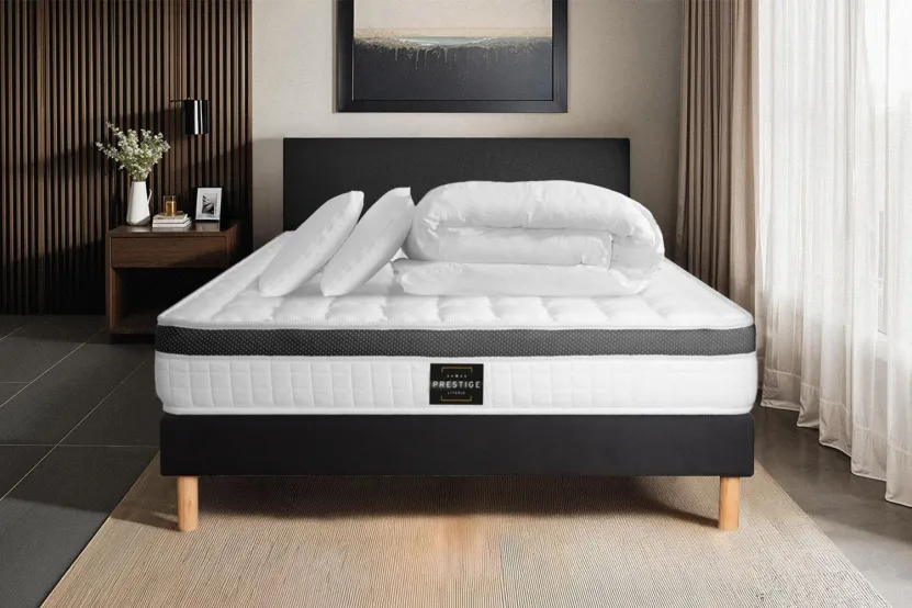 Pack lit complet 140x190 cm - Matelas + Sommier Noir (en kit) + 2 oreillers + Couette - Supérieur