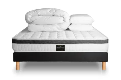 Pack lit complet 140x190 cm - Matelas + Sommier Noir + 2 oreillers + Couette - Supérieur