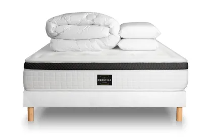 Pack lit complet 140x200 cm - Matelas + Sommier Blanc + 2 oreillers + Couette - Privilège