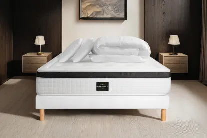 Pack lit complet 160x200 cm - Matelas + Sommier Blanc + 2 oreillers + Couette - Privilège