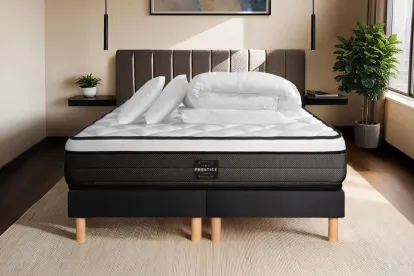 Pack lit complet 160x200 cm - Matelas + 2 Sommiers noirs + 2 oreillers + Couette - Suite