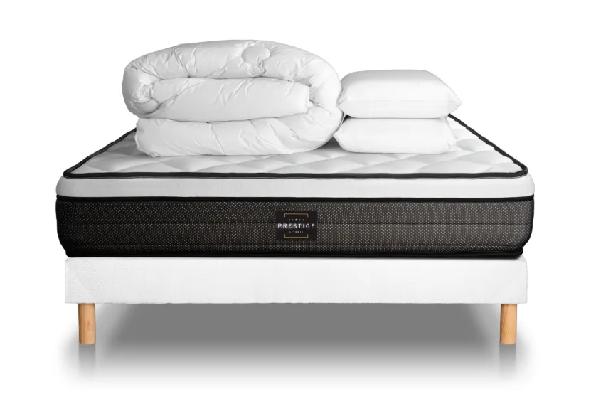 Pack lit complet 200x200 cm - Matelas + Sommier Blanc (en kit) + 2 oreillers + Couette - Suite