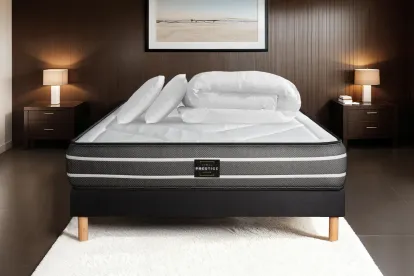 Pack lit complet 140x200 cm - Matelas + Sommier Noir (en kit) + 2 oreillers + Couette - Exclusive