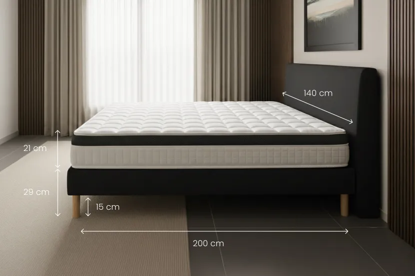 Ensemble Matelas Sommier 140x200 cm - Sommier Noir (déjà monté) - Supérieur